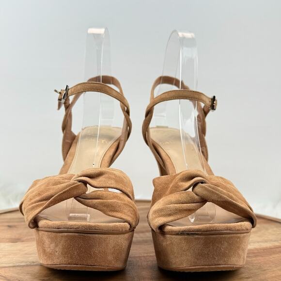 Vince Camuto Tan Suede Platform 8.5M Stiletto Heels Knotted Ankle Strap Sandals - Picture 3 of 16
